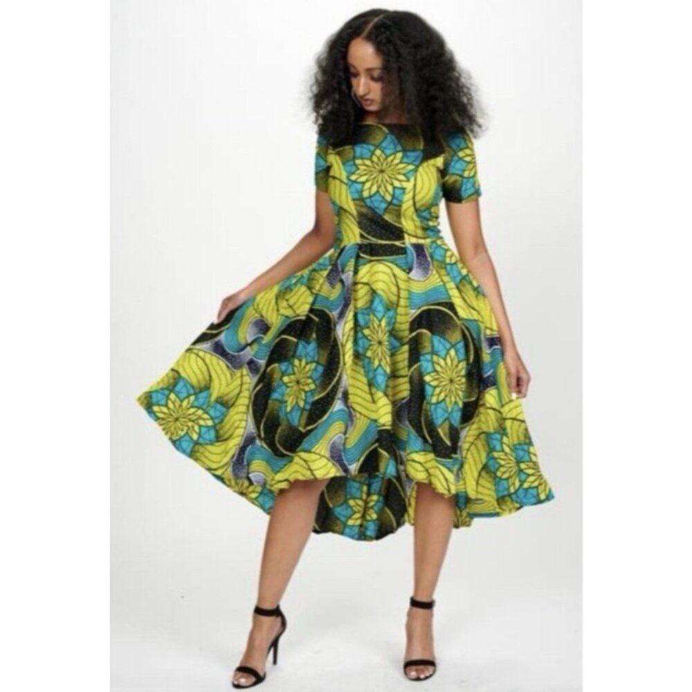 Anthropologie Ray Darten Dress Blue Green Yellow Brown L Large Cotton A Line